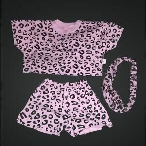 Toddler Girls 3 Piece Pink Leopard Summer Outfit with Headband Sz 9-12 Months